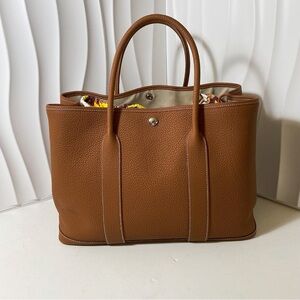 HERMES Garden Party Tote Bag Gold Brown Clemence Leather